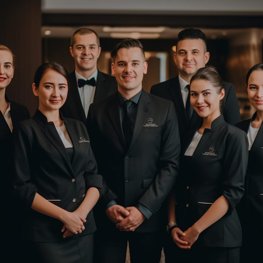 Advertising portrait shot of a hotel staff team standing together in a hotel and they look at the camera. Generative AI.